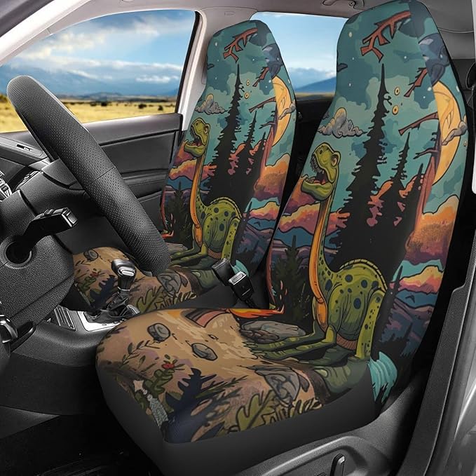 Delerain Car Seat Covers Set 2Pcs, Dinosaur Happy Camping Universal Front Car Seats Vehicle Enterior Protector Suitable Fits Most Car Auto SUV Sedan Truck