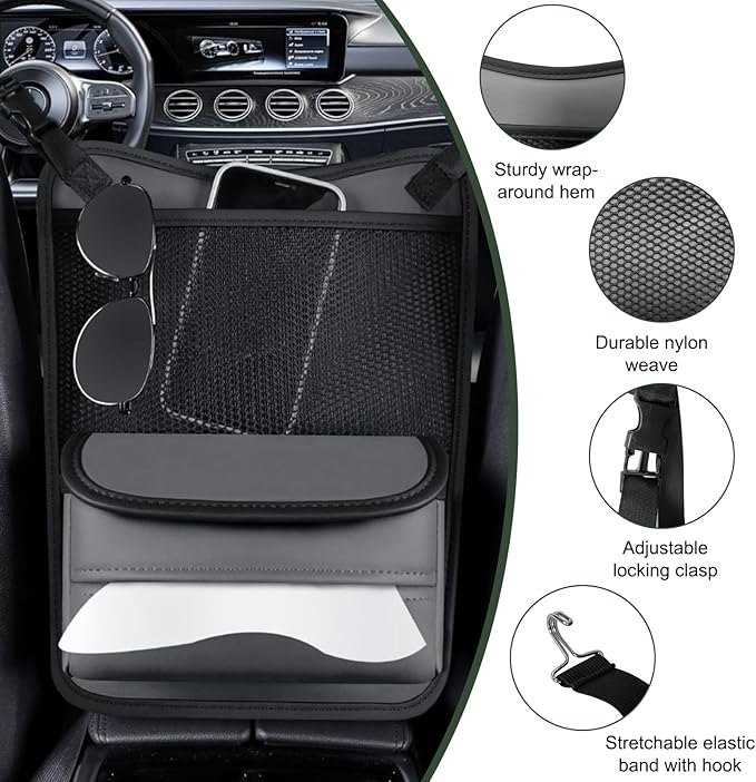Car Organizer Storage Between Seats, Nappa Leather Auto Handbag Holder for Document Phone Storage, Large Capacity Automotive Console Pocket Purse, Car Accessories (Gray)