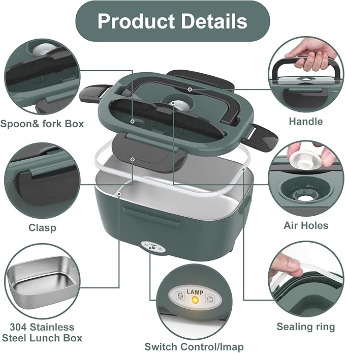 Electric Lunch Box Food Heater, 3 in 1 Ultra Quick Heated Lunch Boxes for Adults, 12V/24V/110V Portable Food Warmer for Car/Truck/Office With Fork Spoon and Insulated Carry Bag