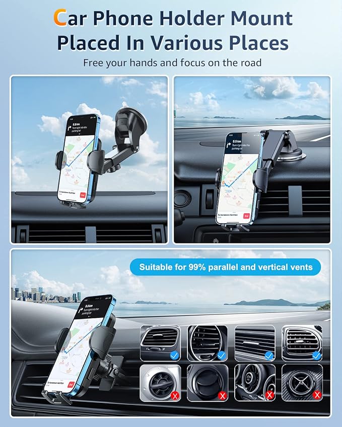 Phone Mount for Car [Military-Grade Super Suction] Universal Hands-Free Phone Holder for Dashboard Windshield Air Vent for iPhone 17/16 Pro Max Air Plus Samsung All Phones