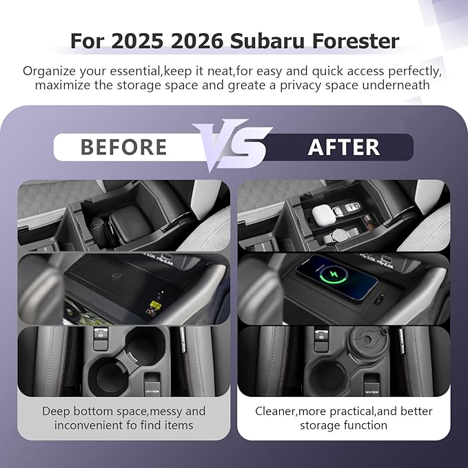 LUWU for 2025 2026 Subaru Forester Accessories Compatible with 2025 2026 Forester Wireless Charging Anti-Slip Mat - Center Console Cup Holder - Armrest Console Secondary Storage Box Insert Tray 3-Pack