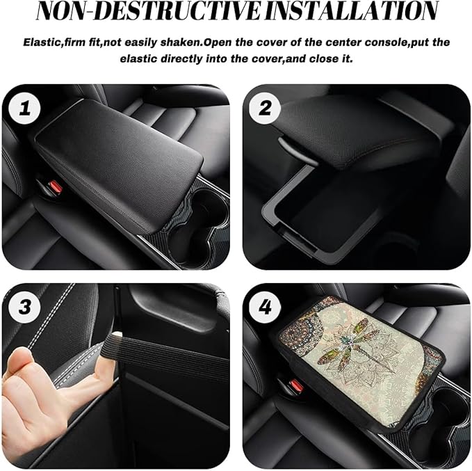 Bohemian Mandala Dragonfly Pattern Car Armrest Cover Non-Slip Auto Center Console Pad Stretchy Car Armrest Cover Cushion Universal Fit for Most Cars Sedan Truck SUV