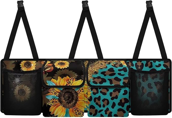 Sturdy Car Backseat Trunk Organizer Leopard Sunflower Pattern Trunk Storage Bag for SUVs, Vans, Cars Car Organization Women
