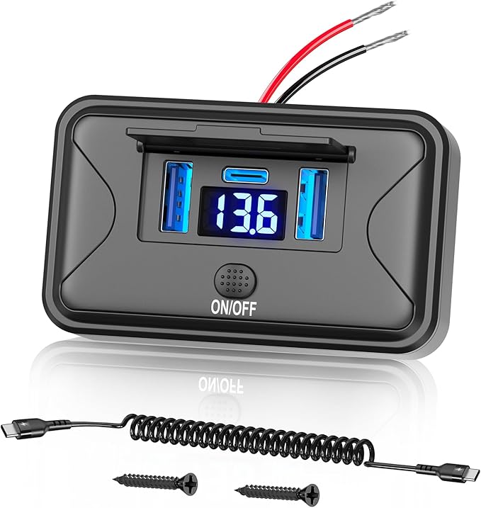 72W 12V USB Outlet Panel Wall Mount Qidoe Dual Quick Charger & 36W PD Surface Mount Car USB Port With Voltmeter Button Switch for Car Bus RV Truck