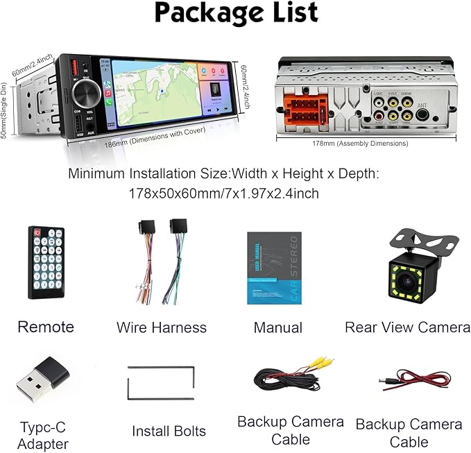 [in‑Cell Touchscreen] 6.36" Single Din Car Stereo with Wireless/Wired CarPlay & Android Auto, 240W DSP Powerful Sound with EQ, MirrorLink, Bluetooth Hands‑Free, 12‑LED Backup Camera, AM/FM Radio