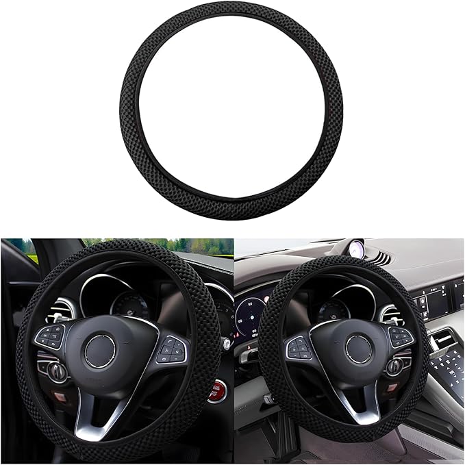 Elastic Stretch Car Steering Wheel Cover, Comfortable Steering Wheel Cover Universal for 14.5-15 Inch, Warm in Winter & Cool in Summer, Anti-Slip Breathable Ice Silk (Black)