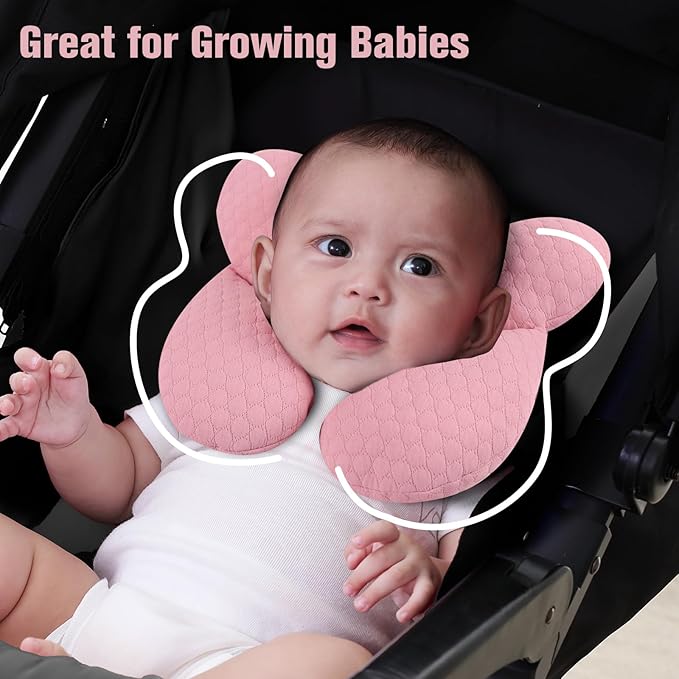 KAKIBLIN Baby Travel Pillow, Upgraded Baby Neck Pillows for Car Seat, Infant Neck Support Pillow for Head and Neck,Newborn Head Support for Car Seat, Stroller, Pushchair (Pink)