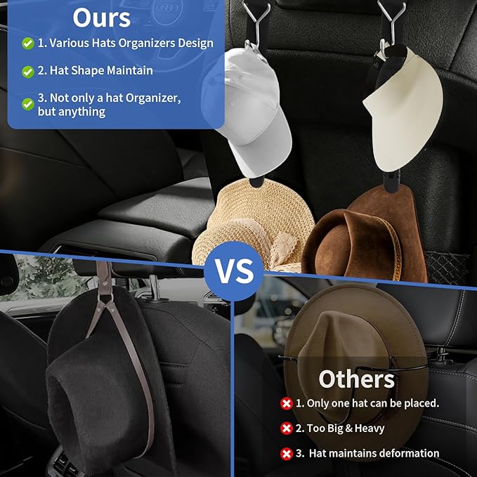 Headrest Hooks for Car, 2-in-1 Backseat Organizer with Bag Hook & Hat Clip, Extendable Universal Vehicle Storage Hanger Car Gifts for Purse, Grocery, Shopping Bag, Cap (4 Pack)