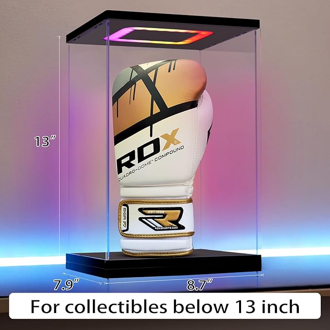 Boxing Glove Display Case with Light, Multiple Color Lights Dustproof Protection Boxing Glove Showcase for Collectibles Memorabilia Storage（8.6×7.9×13inch）
