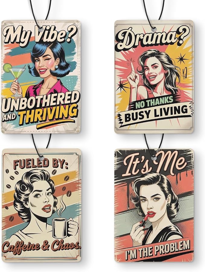 Funny Retro Pop Car Air Freshener 4 Pcs, Sarcastic Humor Feminist Quotes Hanging Air Freshener for Cars Closet Drawer Books, Women Empowerment Gifts Car Accessories for Women Girls