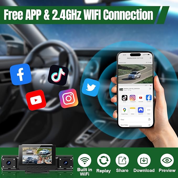 4 Channel Dash Cam,360° All-Around View Front Rear Left Right Inside Car Camera,3" IPS Screen,4-Way Dash Cam with 24H Parking Mode,Built-in GPS,8 IR Night Vision,G-Sensor,Free TF Card Included