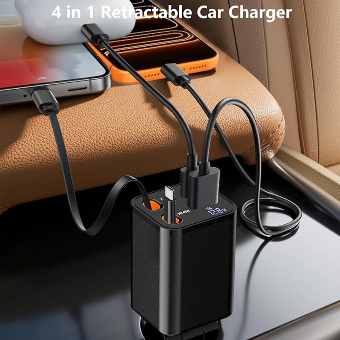 [Apple MFi Certified] Retractable Car Charger USB C, Caiinei 120W USB C Car Charger 4 in 1 PD/QC Type C Fast Charging Cigarette Lighter Adapter for iPhone 17/17 Pro Max/16 Pro/15/Galaxy S25/S24/Pixel