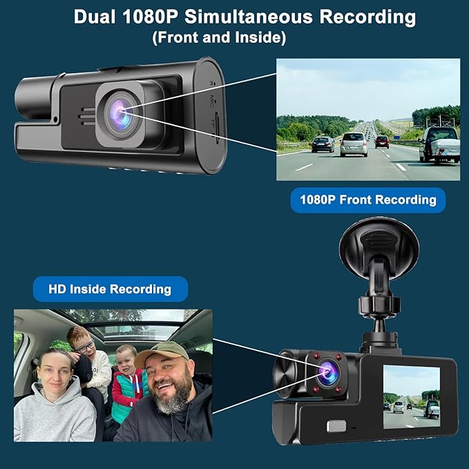 1080P Dual Dash Camera for Car Front and Inside Dashcam Car Security Video Recorder,170°Wide Angle Vehicle Cam,WDR,G-Sensor,2’’ IPS Screen,Loop Recording,Night Vision (Dual Dash Cam with 32G Card)