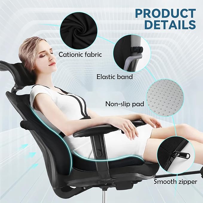 Seat Cushion & Lumbar Support Pillow Set,Memory Foam Office Chair Cushion for Tailbone Pain, Non-Slip Back Support for Car,Desk,Gaming Chair,Wheelchair, Breathable & Machine Washable