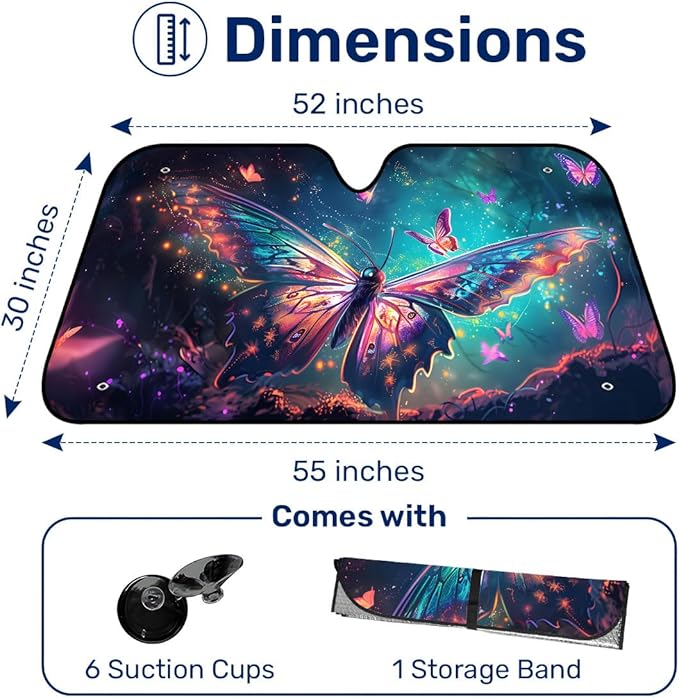 GENANY Colorful Butterfly Windshield Sun Shade for Car SUV Truck (55x30 inches),Sun Shade Windshield, Shades for Windows, Protector Blocks UV, Car Decor