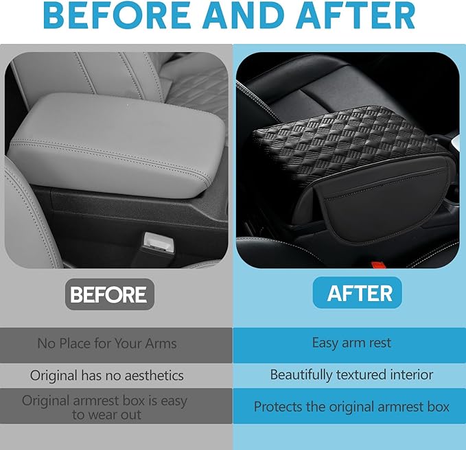 wuyaoyao Car Center Console Cover, 12.2"×8.27"×1.97" Leather Center Console Protector, Auto Armrest Pad with 2 Storage Pocket, Universal Armrest Cover Cushion for Most Cars, Trucks, SUVs (Black)