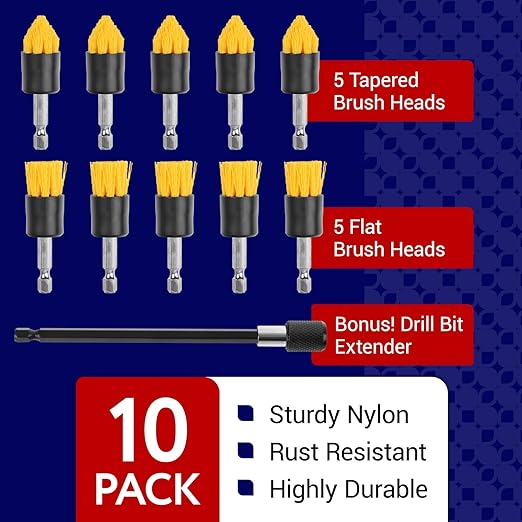 Impresa Drill Brush Attachment Set - Pack of 10, 5 Tapered & 5 Flat, 6 in Extender - Rotary Grout Cleaning Brushes - Crevice Reach with Drill Extender Attachment - Home & Auto Detailing Scrub Heads