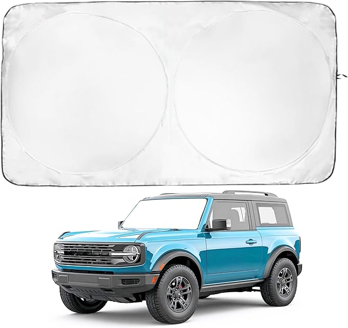 Windshield Sun Shade -Certified 99.87% UVB & 99.02% UVA Car Sun Shade. Award Winning Sunshade - Patented Technology | Compatible for Ford Bronco (2021-2026) | Car Shades by Kinder Fluff