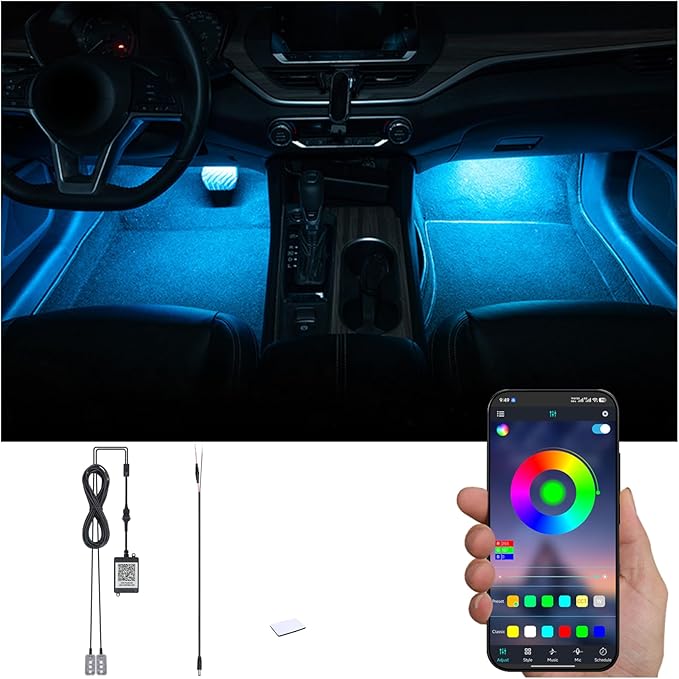 RGB Car Footwell Ambient Lighting Kit 16.7 Millions Colors Sound Active Music Sync APP Control DC Line Car Interior Multicolored Footwell Atmosphere Light