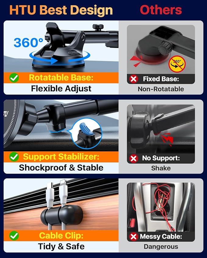 【Military-Grade】HTU for MagSafe Car Mount【Upgraded Strongest Suction】Magnetic Phone Holder Cell Stand for Dashboard Windshield Vent,Truck Cradle for iPhone 17 Pro Max 16 15 14 13 12 Tesla,Silver Gray