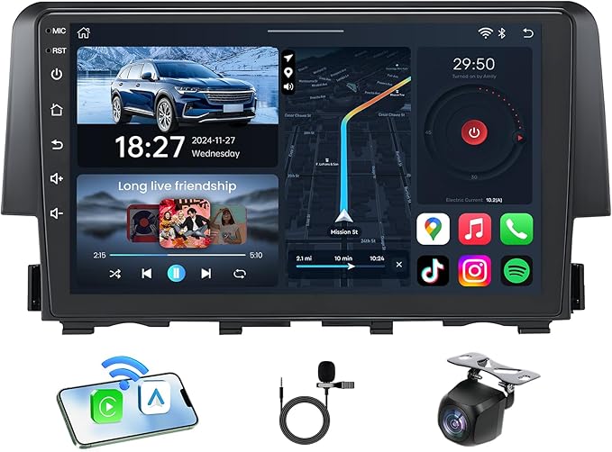 Car Radio for Honda Civic 2016-2021: 4Core 64G ROM 9 Inch Touchscreen Stereo Head Unit with Wireless CarPlay Android Auto Mirror Link GPS Bluetooth FM SWC Navigation WiFi, Free Camera