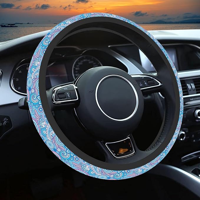 Blue Bohemian Pattern Steering Wheel Cover, Cute Print Steering Wheel Cover Protector, Ultra Thin Breathable Non-Slip, Car Accessories for Women, for Steering Wheel with a Diameter of 14.5"-15"