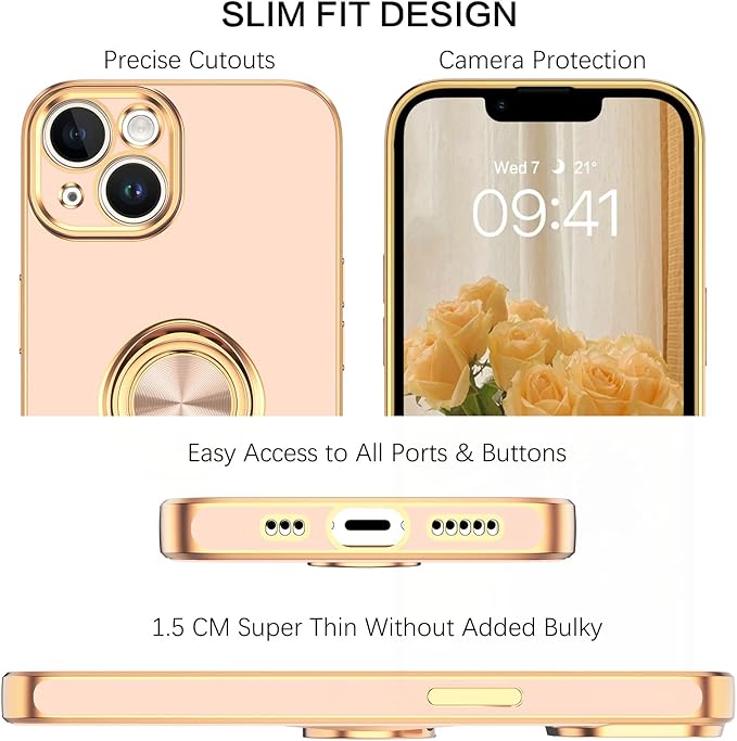 VENINGO Compatible with iPhone 14 Case, Slim Fit Soft 360° Ring Holder Kickstand Magnetic Car Mount Supported Easy Clean Shockproof Protective Phone Cover for iPhone 14 6.1" 2022, Pink/Golden