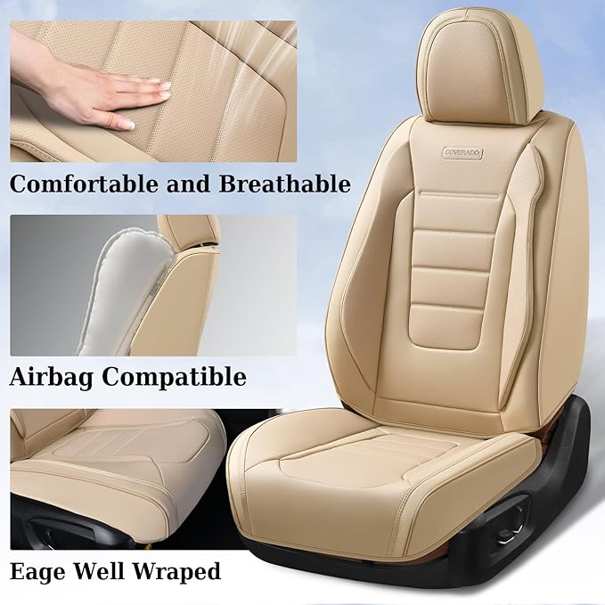 Coverado Car Seat Covers Front Seats, Car Seat Cover Beige, Car Seat Protector, Car Seat Cushion Nappa Leather, 2-Pack Waterproof Seat Covers Carseat Cover Universal Fit for Most Cars Trucks