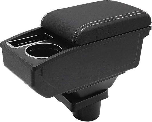 Car Armrest Box for Toyota Yaris Vitz 2006-2011 Auto Accessories Center Console Leather Arm Rest Double-Layer Storage Space with Cup Holder (White Thread)