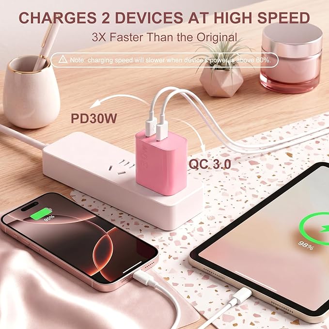 Aolcev for iPhone Charger Fast Charging 2 in 1 USB A USB C Charger Block 30W Cute Type C Fast Charging Blocks for iPhone 17 16 15 14 13 for iPad USB C Charging Adapter for Galaxy S26 S25 Light Pink