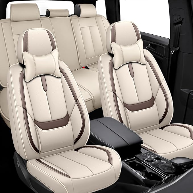 Fit for 98% of Mercedes Benz Car Seat Covers with Headrests, Premium Nappa Leather Seat Cover, Fully Wrapped Protect Modern Style Seat Cover (5-Seat Luxury, Beige & Brown)