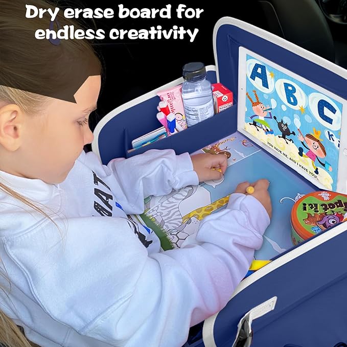 MENZOKE Kids Travel Tray for Toddler Car Seat, Toddler Gift for Boy Activities with Dry Erase Board & iPad Holder Stand, Road Trip Essentials Accessories Lap Tray for Boy as Birthday Gift, Dark Blue