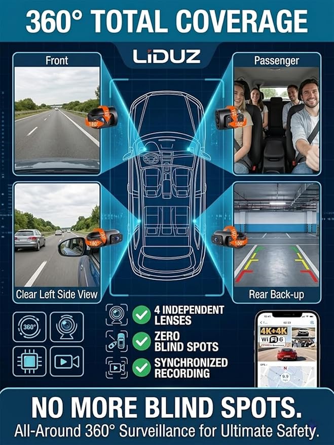 2026 New Full View Wireless Car Dashcam System,4k 4-Channel 360° Panoramic Dash Camera WiFi 6 Driving Recorder,Infrared Night Vision,24/7 Parking Monitor,G-Sensor,Motion Detection(64g)