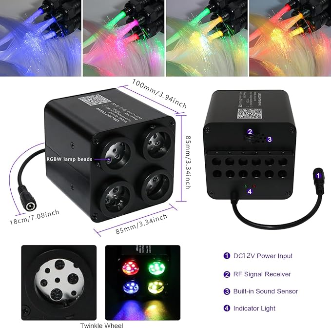 AZIMOM 4Colors 2 in 1 Meteor Twinkle Fiber Optic Starlight Headliner Kits 1000pcs 0.03in13.1ft Fiber Strands,RGB Meteor Shooting Star 240pcs, Sound Remote APP Control Home Ceiling Car Headliner Decor
