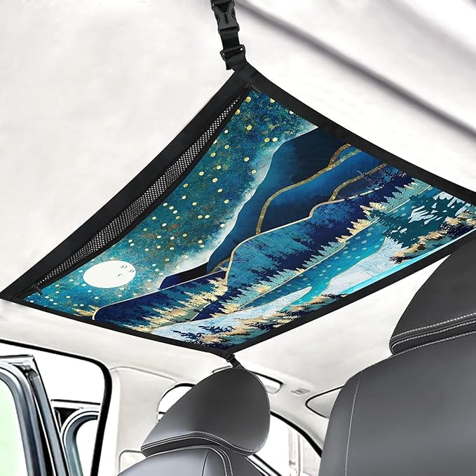 Moon Mountain Car Ceiling Cargo Net Pocket Hanging Storage Bag with Zipper 31.5"x21.6" Double-Layer Mesh Car Roof Storage Organizer Long Road Trip Truck SUV Travel Camping