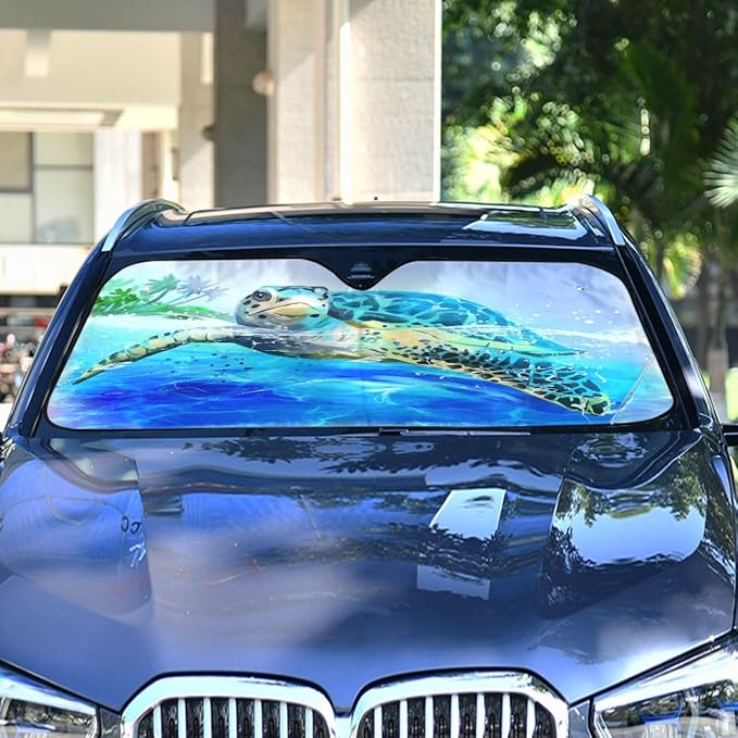 Sea Turtle Car Windshield Sun Shade Watercolor Beach Ocean Animal Foldable UV Ray Sun Visor Protector Sunshade to Keep Your Vehicle Cool (55" x 27.6")
