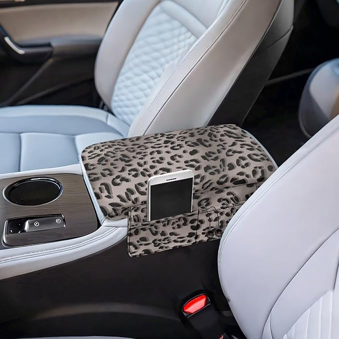 Car Armrest Storage Box Mat, Grey Leopard Car Center Console Cover, Vehicle Armrest Seat Box Cover Accessories Interior Protection for Most Vehicle, SUV, Truck, Car