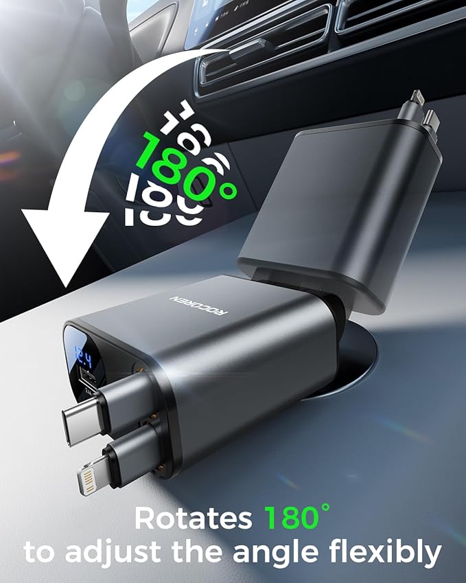 Retractable Car Charger for iPhone 17,Rocoren 4 in 1 USB C Car Charger with Dual Cord,69W Fast Charging Cigarette Lighter Adapter,Road Trip Essentials,Car Accessories Gifts for iPhone 16/15/14,Galaxy