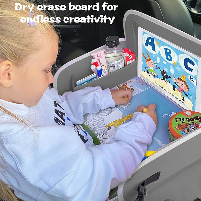 MENZOKE Kids Travel Tray for Toddler Car Seat, Toddler Gift for Boy Activities with Dry Erase Board & iPad Holder Stand, Road Trip Essentials Accessories Lap Tray for Boy as Birthday Gift, Grey
