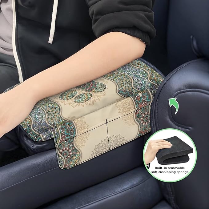 Tupalatus Mandala Flowers Car Center Console Cover Soft Paw Universal Armrest Cover Car Accessories Interior with 2 Storage Bags Easy Installation Universal Fit for Car SUV Trucks