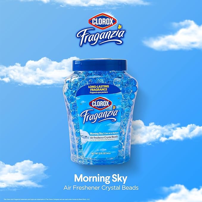 Clorox Fraganzia Crystal Beads Air Freshener, Long Lasting Room Deodorizer and Odor Eliminator Gel Beads to Freshen Home, Car, or Office, Morning Sky Scent, 12 Fl Oz