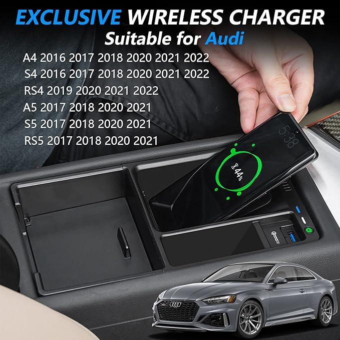 Wireless Car Charger for Audi A4/S4/A5/S5/RS5 2017 2018 2020 2021 2022 RS4 2019 2020 2021 2022, 15W Fast Charging Phone Charger Pad with QC3.0 USB Port for iPhone 12/13/13Pro Galaxy S22/S21