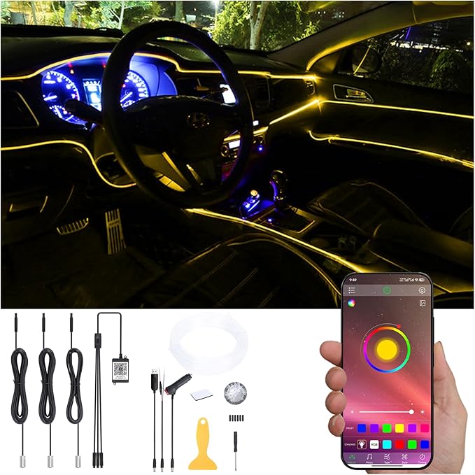 4 Meters Optic Fiber Car Ambient Lighting with Bluetooth App Control 64 Colors Multicoloured Music Interior Lighting Kit DC 12V 1W