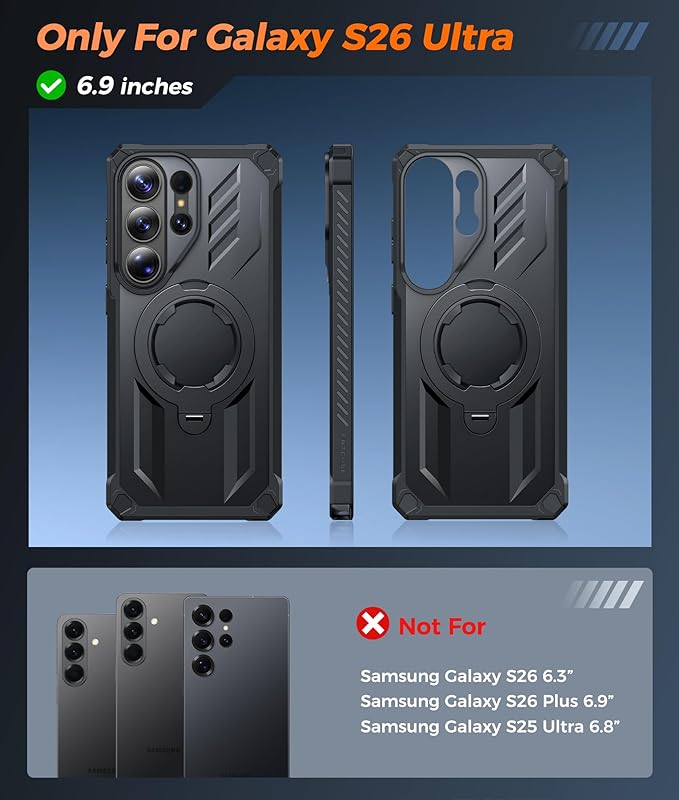 FNTCASE for Samsung Galaxy S26-Ultra Case: [360 Spin Magnetic Ring Kickstand] [Compatible for MagSafe] [Screen Protector] Heavy Duty Military Grade Protection Protective Phone Case with Stand Black