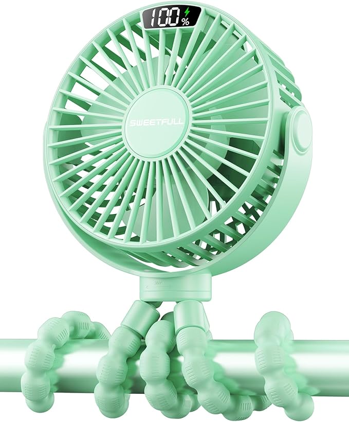 SWEETFULL Portable Stroller Fan with LED Display, 4 Speed Rechargeable Mini Clip On Fan, 360° Rotate Flexible Tripod Better Cooling Small Baby Fan for Car Seat Crib Travel Bike Treadmill (Green)