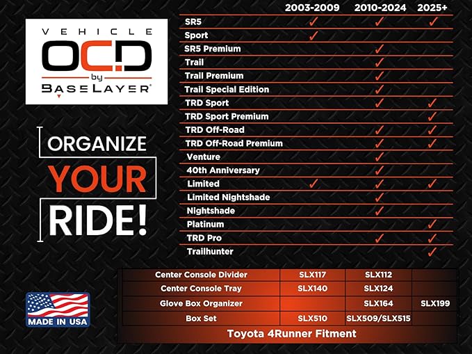 Vehicle OCD - Center Console Divider and Tray Organizer for Toyota 4Runner (2010-2024) - Made in USA - SLX509