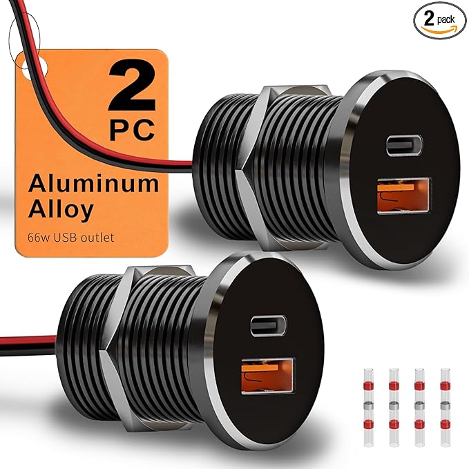 66W 12V USB Outlet PD 30W Type-C QC3.0 36W USB-A Dual Port Aluminum Fast Charging Socket for Laptop, Replacement Car Charger Accessories for RV Camper Trailer Truck Boat Golf (2Pcs)