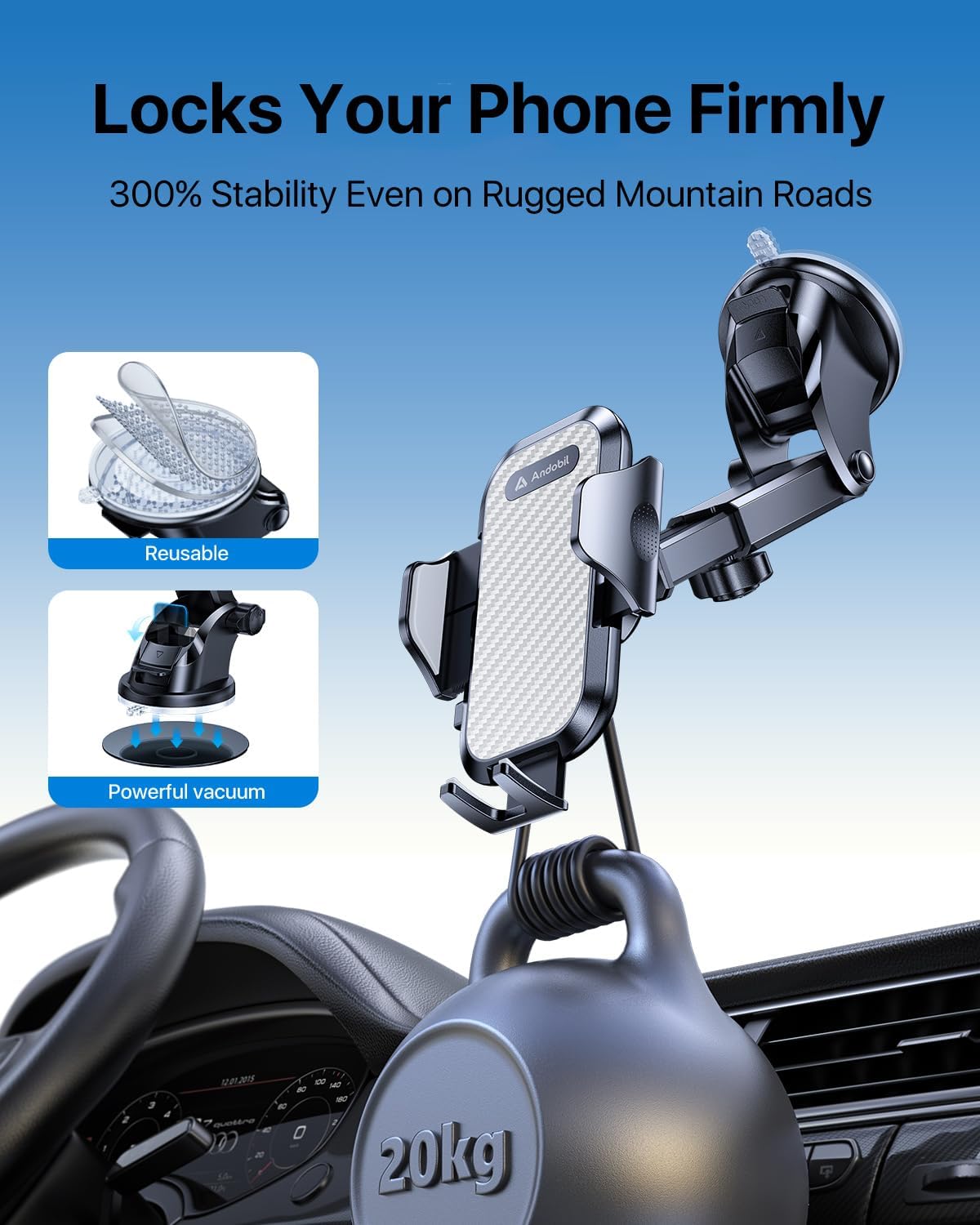 andobil Car Phone Holder Mount (Bumpy Roads Friendly) Military-Grade Phone Holders for Your Car Dashboard Windshield Air Vent Cell Phone Car Mount for iPhone 16 Pro Max 15 14 13, Samsung Silver