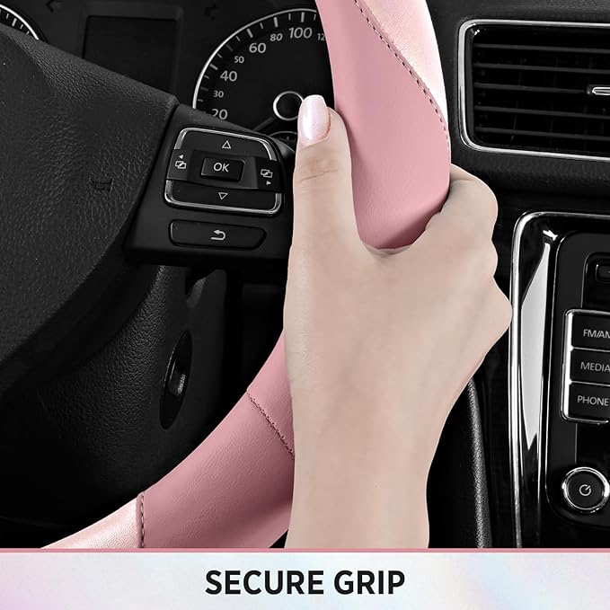 Road Comforts Steering Wheel Cover – Breathable Leather Steering Wheel Cover, Anti-Slip Grip, Universal Fit 14.5” to 15”, Heat & Cold Resistant for Cars, SUVs, and Trucks – Shining Pink & Pink