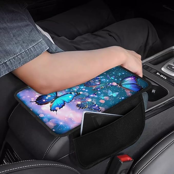 Blue Sparkling Butterfly Print Center Console Covers for Cars Soft Auto Armrest Storage Box Mat Non-Slip Car Armrest Cover Cushion Armrest Cover Center Console Pad